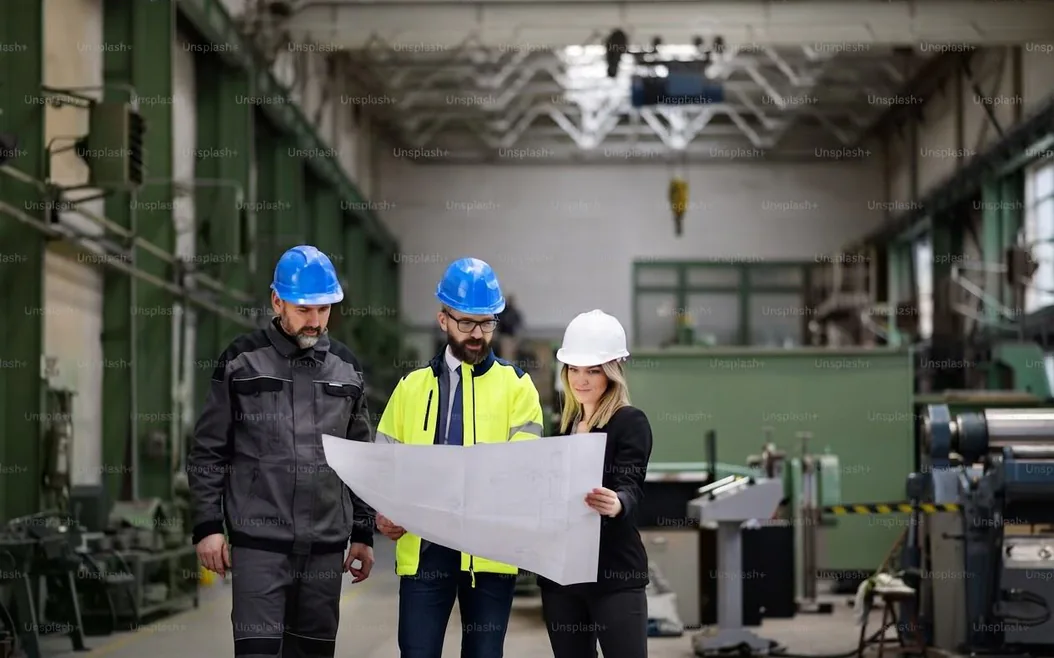 Équipe de maintenance consultant un plan dans un atelier industriel