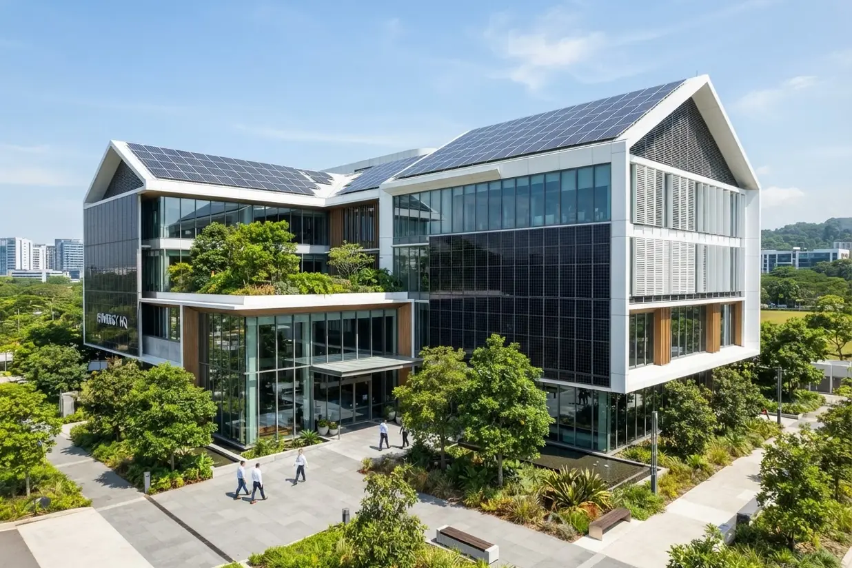 Bâtiment tertiaire moderne avec panneaux solaires et espaces verts