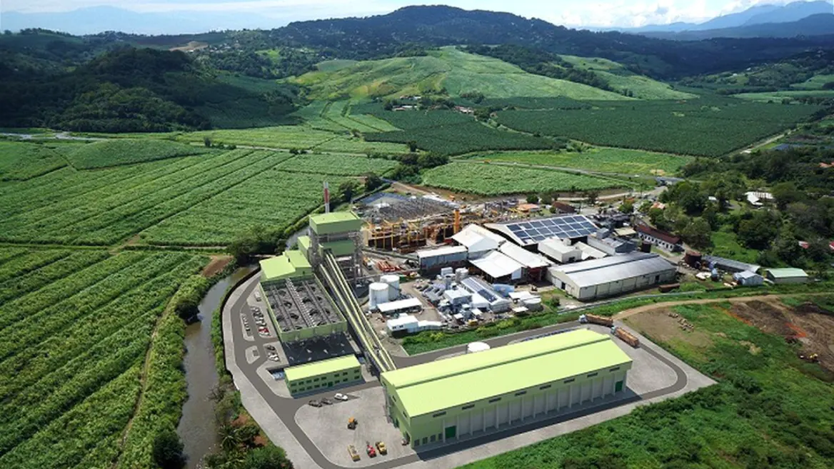 Centrale biomasse ALBIOMA entourée de champs de canne à sucre