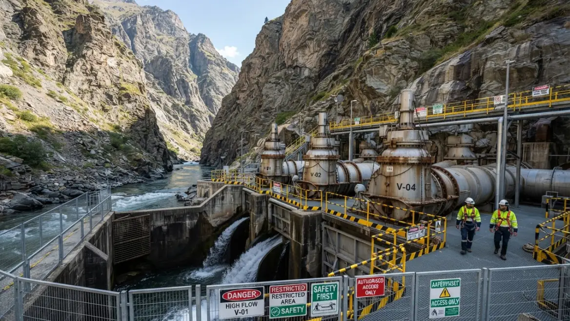 Agents sur une installation hydroélectrique en montagne