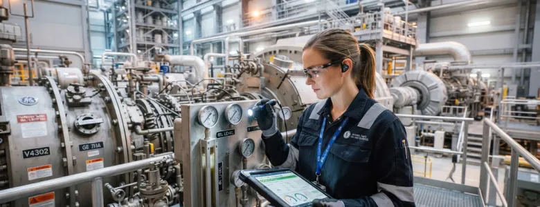 Technicienne suivant la maintenance d'un équipement sur tablette