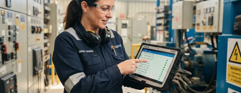 Technicienne vérifiant des habilitations sur tablette