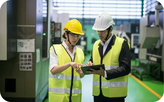 Ingegneri della manutenzione che utilizzano un tablet in fabbrica