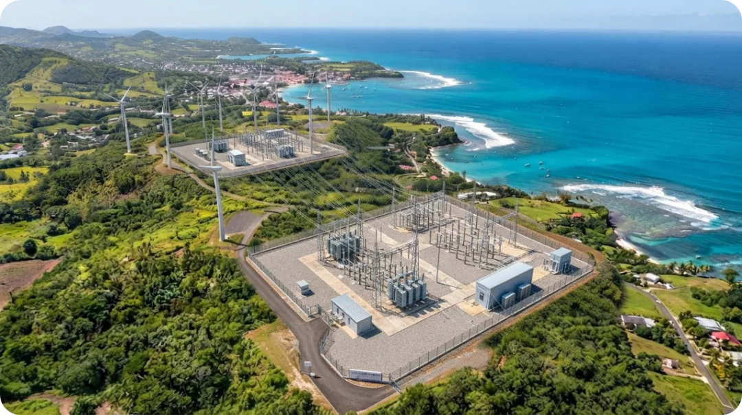 Vue aérienne d'un poste électrique d'EDF Guadeloupe en bord de mer