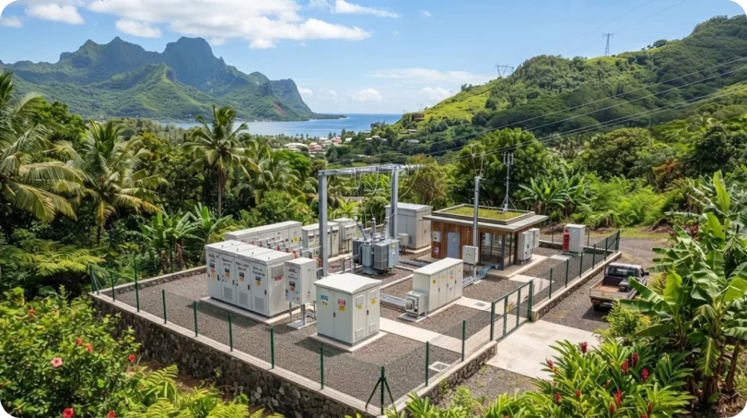 Vue aérienne d'un poste électrique d'EDT (Électricité de Tahiti) entouré de végétation tropicale