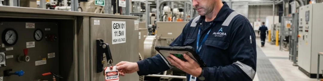 Technicien avec une tablette dans un poste électrique pour le suivi des incidents et de la maintenance